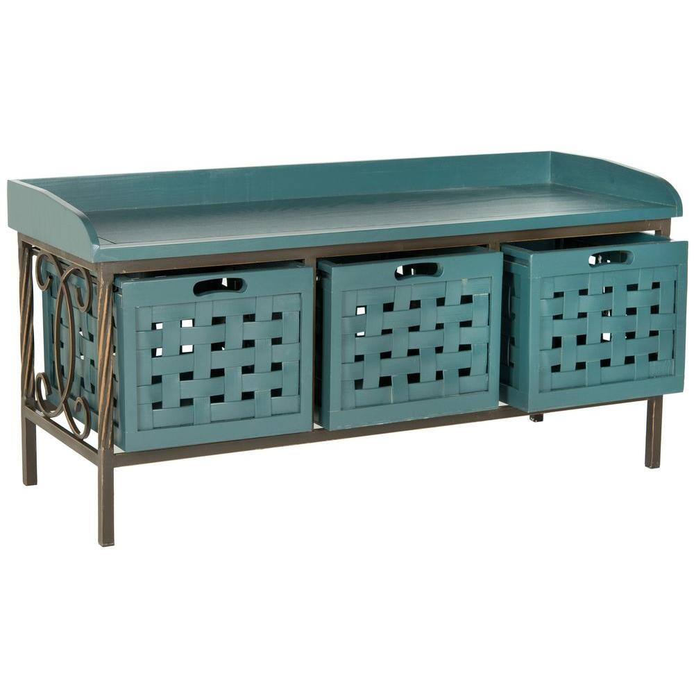 Isaac 43" Blue Pine Wood Storage Bench with Drawers