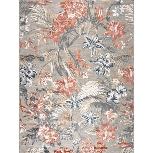Tayse Rugs Tropic Gray 7 ft. x 9 ft. Floral Indoor/Outdoor Area Rug
