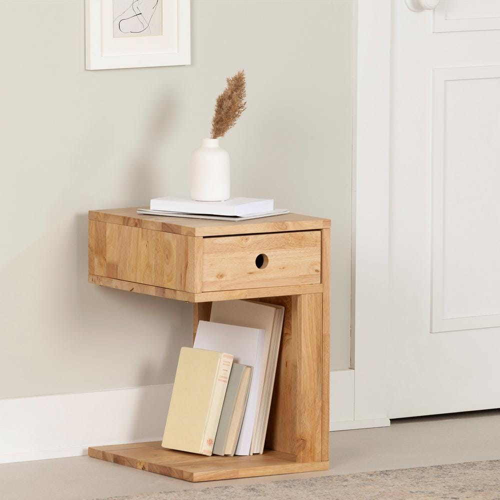 Natural Wood 1-Drawer C-Shaped End Table