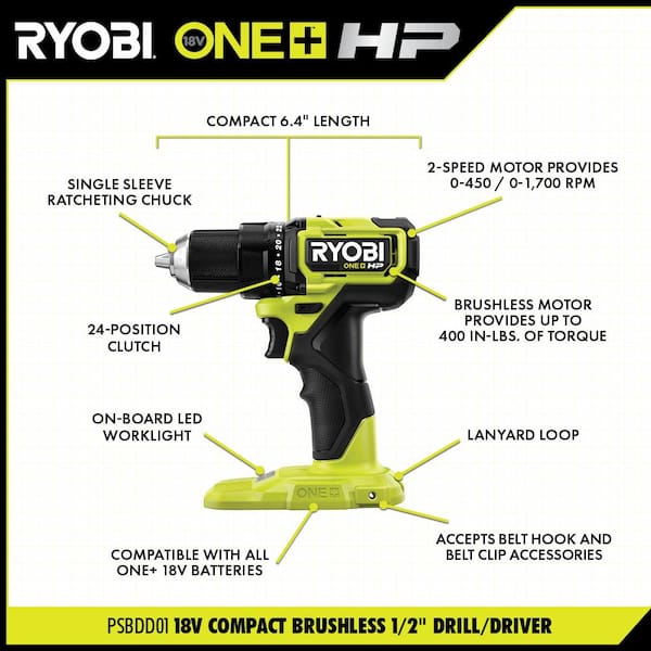 RYOBI PSBDD01K-PSBRA02B ONE+ HP 18V Brushless Cordless Compact 1/2 in. Drill/Driver, 3/8 in. Right Angle Drill, (2) Batteries, Charger, and Bag - 3
