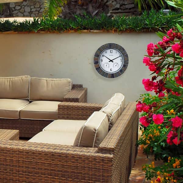Outdoor Sandstone Effect Wall Clock and Thermometer Garden Display Slate 14" dia