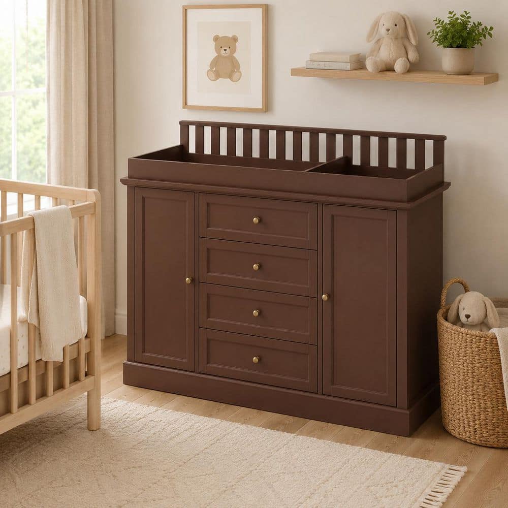 Chocolate Brown Wood Changing Table, Kids Dresser Chest Cabinet with 4-Shelves, Changing Top and 4-Drawers