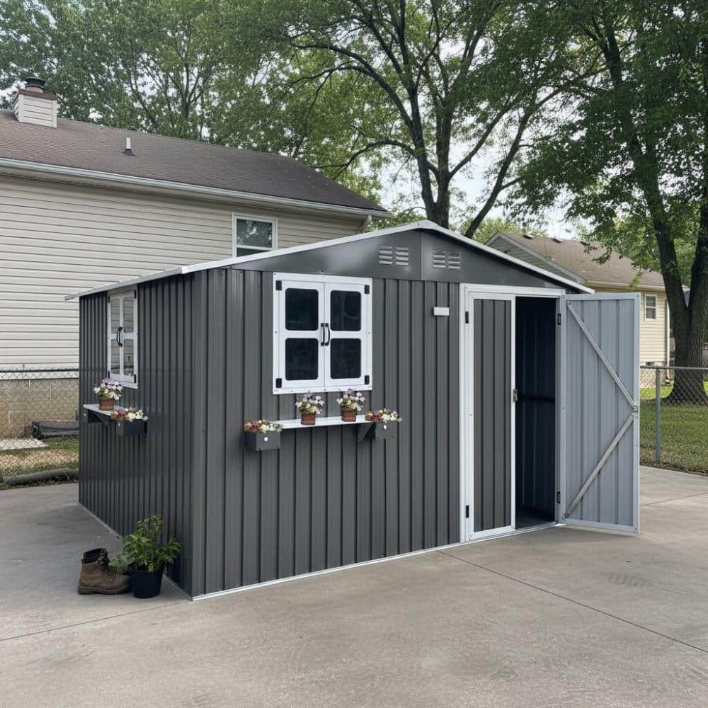 10x8 FT Gray Metal Heavy Duty Outdoor Storage Shed with 3 Windows