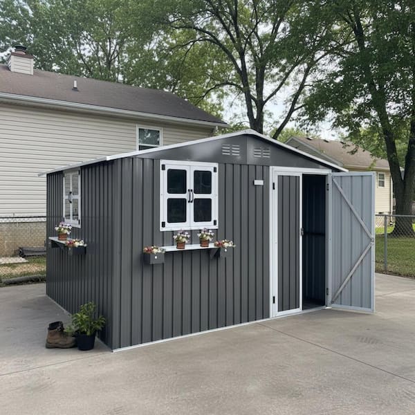 10x8 FT Gray Metal Heavy Duty Outdoor Storage Shed with 3 Windows