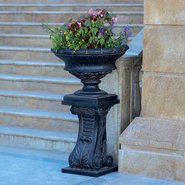 MPG Cast Stone Ornate Low Urn In Aged Charcoal Flower Pot Garden Decorative Vase 