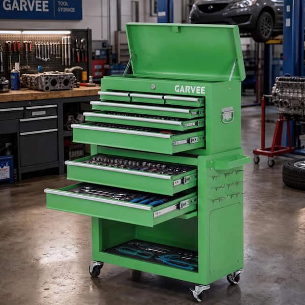 8‑Drawer 2‑in‑1 Lockable Rolling Tool Chest, Metal Tool Box Cart with Casters for Garage Workshop, Green