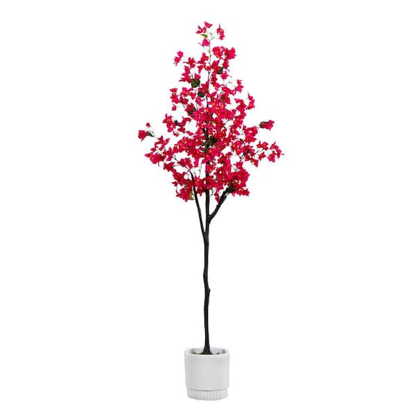 Nearly Natural 6 ft. Artificial Bougainvillea Tree with White Decorative Planter