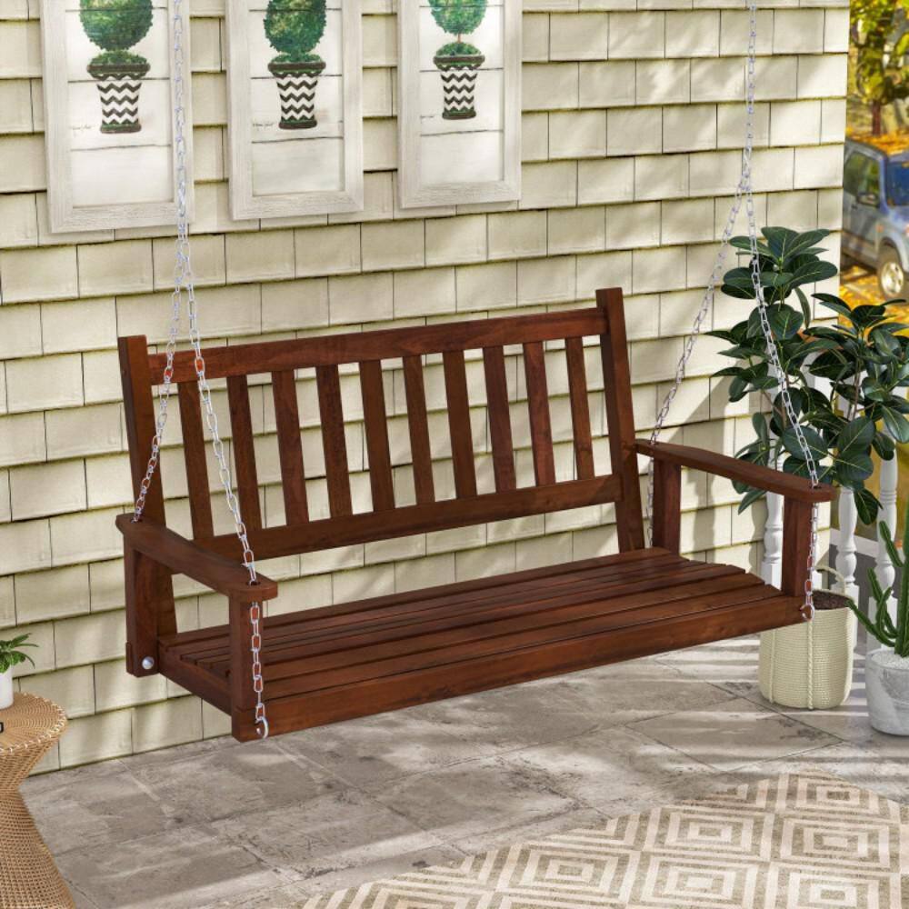 Brown Poplar Wood 3-Person Outdoor Porch Swing with Metal Chains