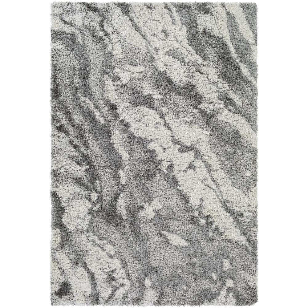 Gray and Off-White Abstract Shag Area Rug, 6'7" x 9'