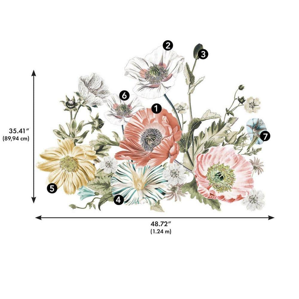 Vintage Poppy Floral Peel and Stick Giant Wall Decal for Nursery
