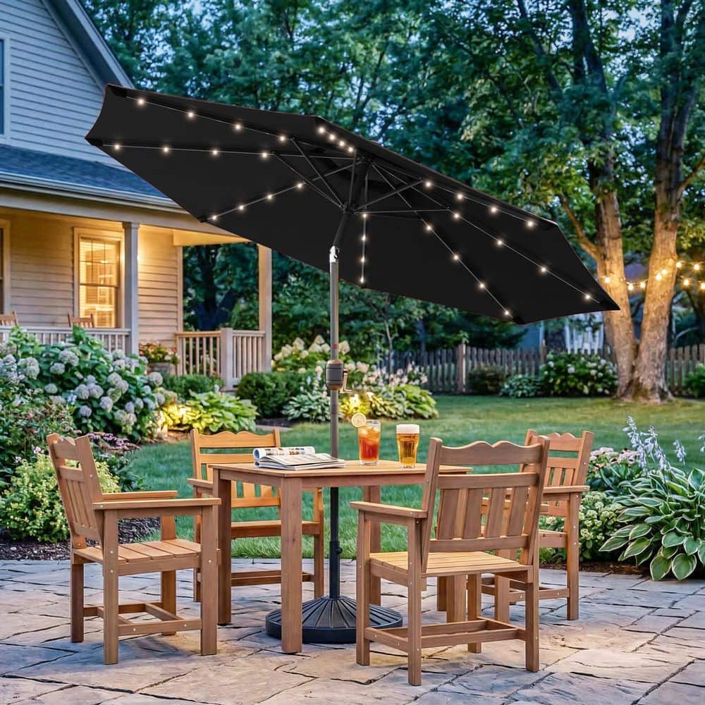 lighted olefin patio umbrella Bcofo Outdoor Market Umbrella Solar LED Patio Umbrella Push Button Tilt and Crank Lift 3-year Nonfading Canopy 8 Sturdy Ribs Without Base (Color : Beige) breaking strength 250 lbs Reviews for Sonkuki 9 ft.