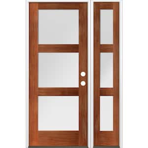 50 in. x 80 in. Modern Douglas Fir 3-Lite Left-Hand/Inswing Frosted Glass Red Chestnut Stain Wood Prehung Front Door