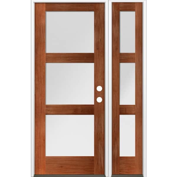 Krosswood Doors 50 in. x 80 in. Modern Hemlock 3-Lite Left-Hand/Inswing Frosted Glass Red Chestnut Stain Wood Prehung Front Door