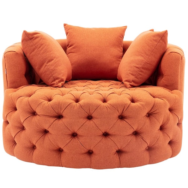 KINWELL 42.5 in. W Orange Tufted Linen Swivel Barrel Chair