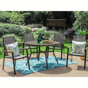 Black 5-Piece Metal Outdoor Patio Dining Set with Wood-Look Round Table and Stackable Aluminum Chairs