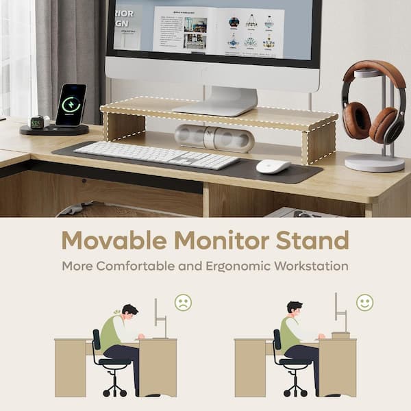 Bestier 55 in. Natural 2-Storage Drawers L-Shaped Computer Desk