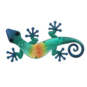 24 in. Blue Gecko Lizard Metal and Glass Outdoor Wall Decor