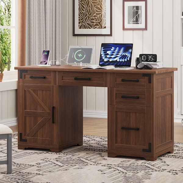 55.1 in. Rectangular Walnut Wood Computer Desk with Charging Station & Power Outlet, 5 Drawers and Cabinet, File Drawer