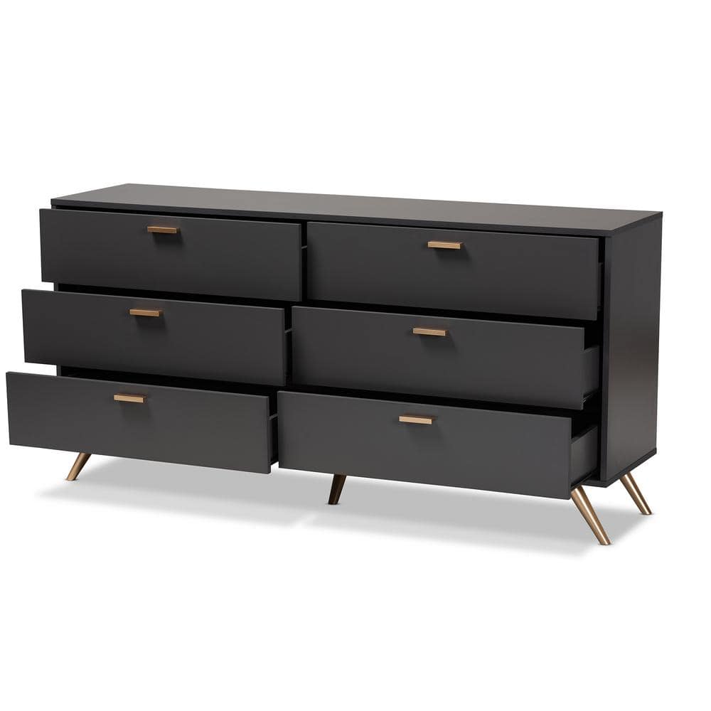 Kelson Dark Gray and Gold 6-Drawer Wood Dresser