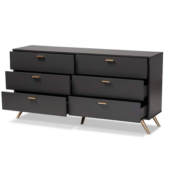 Baxton Studio Kelson 6 Drawer Dark Grey and Gold Dresser 30.5 in