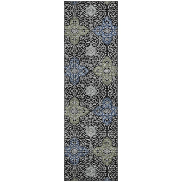 Mayfield Premium Machine Washable Abstract AMF2566 Black 2 ft. x 7 ft. Runner Rug