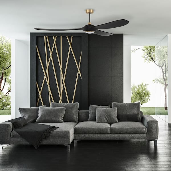 72 in. Flat Black/Satin Brass; Flat Black Blades Angled Mount Propeller Ceiling Fan w/ Integrated LED & Remote Included