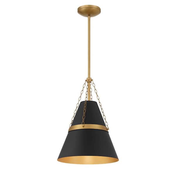 Springfield 100-Watt 1-Light Dark Matte Black and Legacy Brass Cone Pendant Light with a Metal Shade, No Bulb Included