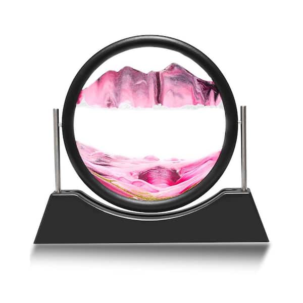 Afoxsos Pink 3D Hourglass Moving Sand Art Liquid Motion Decor with Round Glass and Rotating Stand