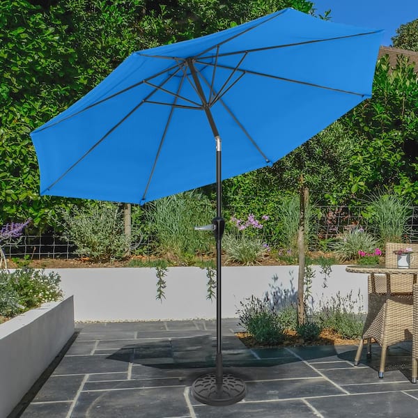 10 ft. Aluminum Outdoor Market Patio Umbrella with Auto Tilt, Easy Crank Lift in Brilliant Blue