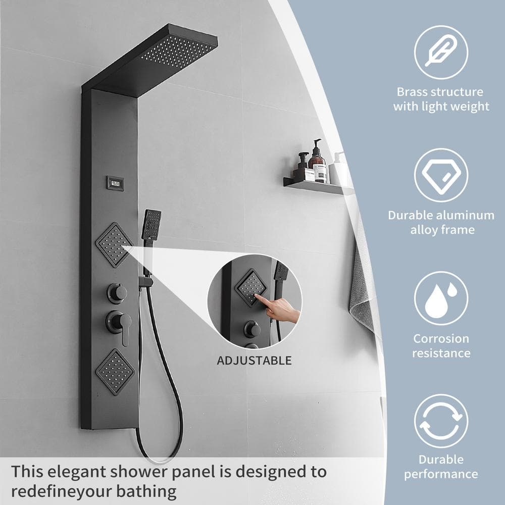 Matte Black 47" Shower Panel System with Rainfall Shower Head and Body Jets
