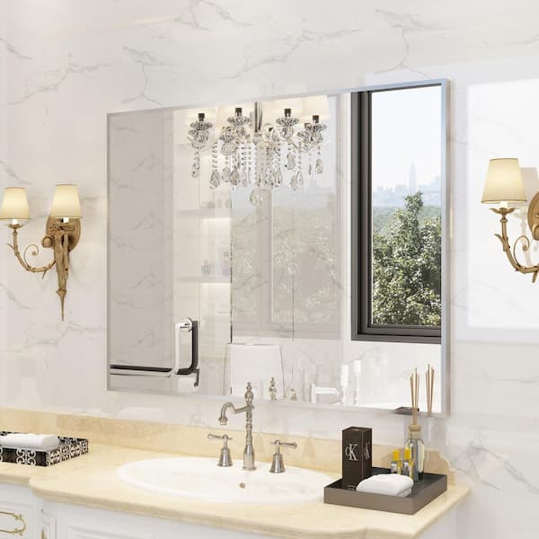 40 in. W x 32 in. H Aluminum Framed Rectangular Vanity Wall Mounted Mirror in Brushed Nichel