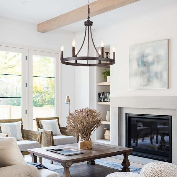 6-Light Farmhouse Antique Black Candle Design Circle Wagon Wheel Chandelier Lighting for Kitchen Island