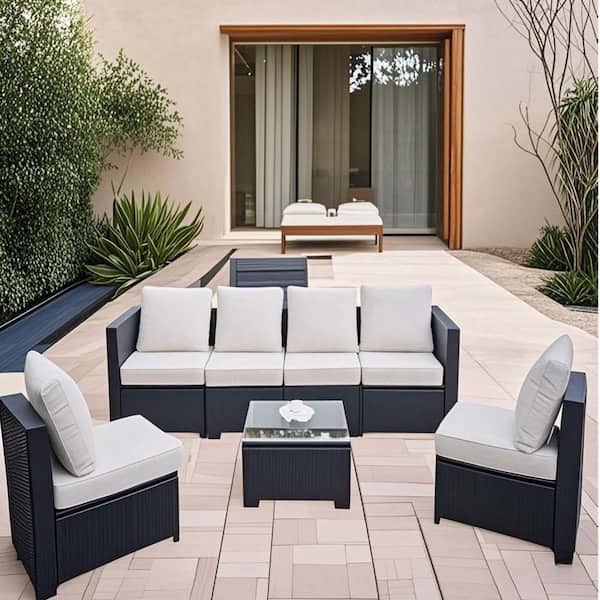 7-Piece Wicker Outdoor Conversation Set With Beige Cushion and Coffee Table, Patio Modular Sofa Set Garden Chatting Set