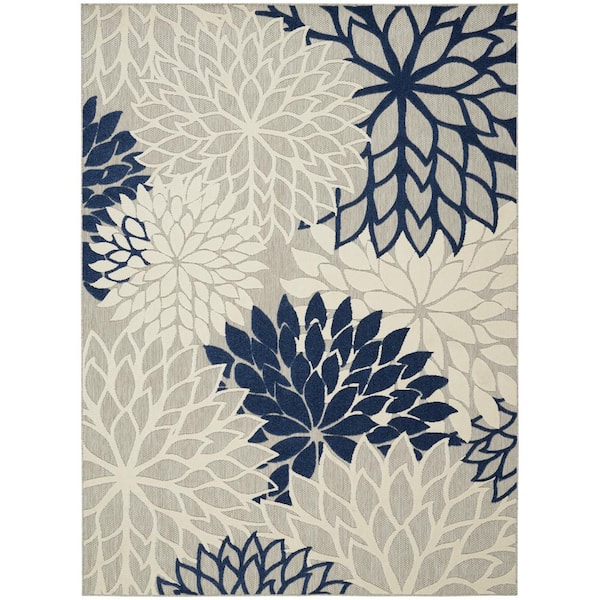 Nourison Aloha Ivory/Navy 8 ft. x 11 ft. Floral Modern Indoor/Outdoor Patio Area Rug
