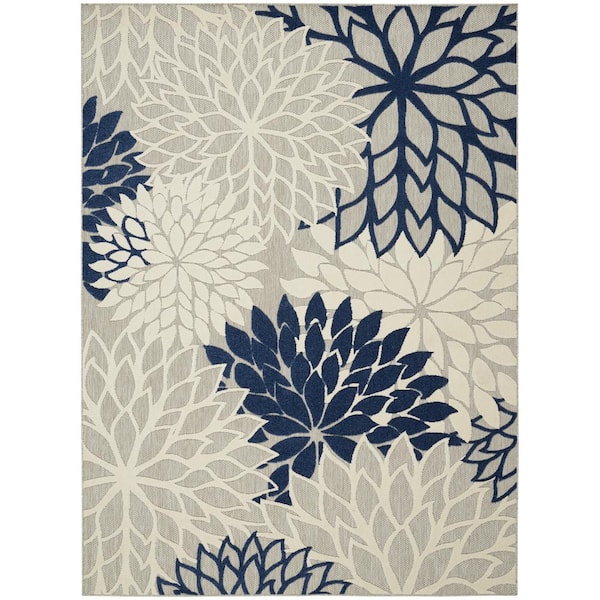 Nourison Aloha Ivory/Navy 10 ft. x 13 ft. Floral Modern Indoor/Outdoor Patio Area Rug