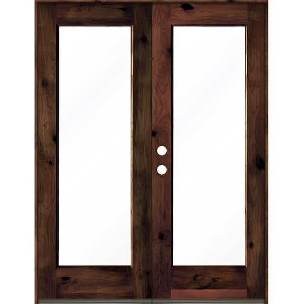 Krosswood Doors 60 in. x 80 in. Rustic Knotty Alder Wood Clear Full-Lite red mahogony Stain Right Active Double Prehung Front Door