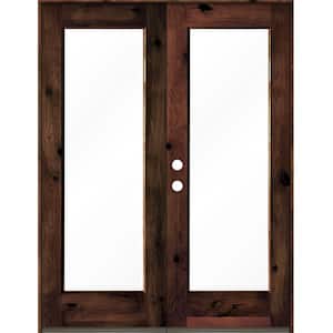 64 in. x 80 in. Rustic Knotty Alder Wood Clear Full-Lite red mahogony Stain Right Active Double Prehung Front Door