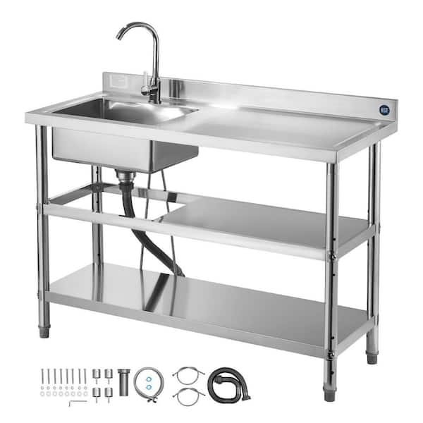 Stainless Steel Utility Sink, Single Bowl Kitchen Sink w/ Hot/Cold Water Pipe Dual Storage Shelves, 47.2 x 19.7 x 37 in.
