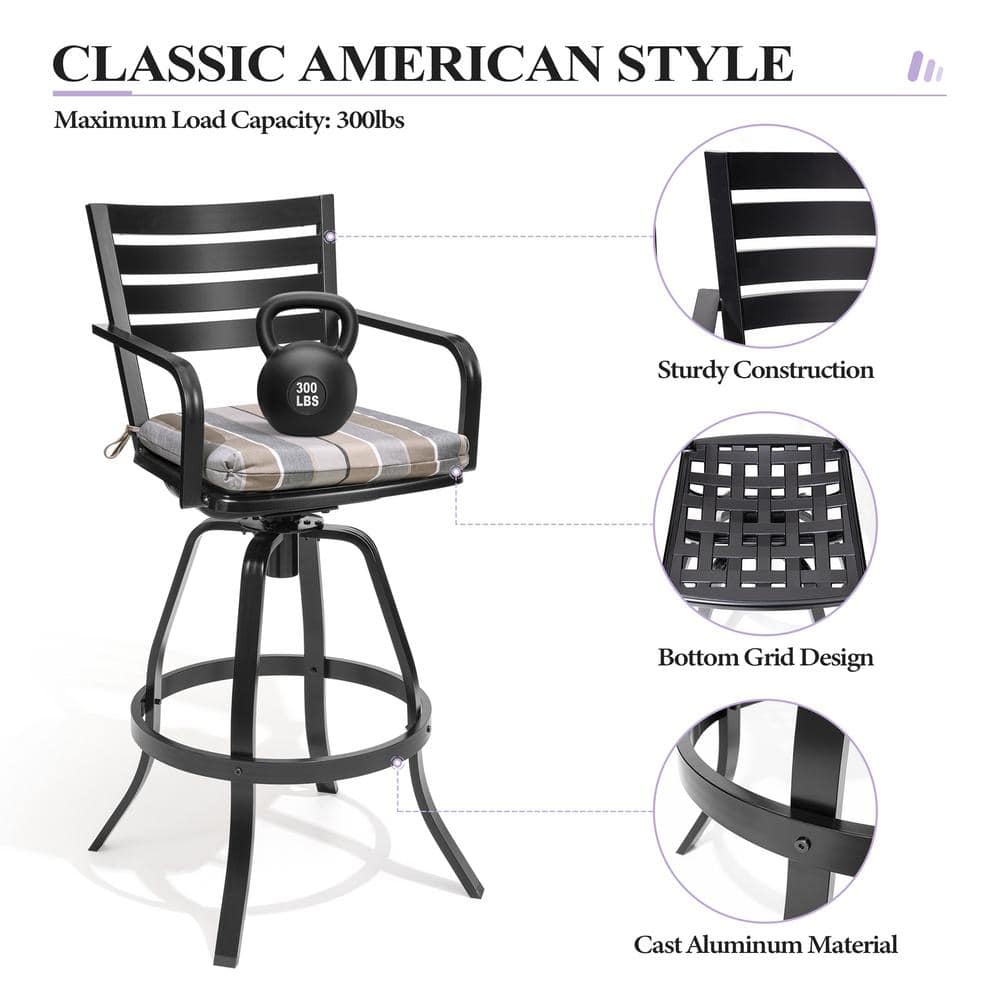 Ergonomic Black Cast Aluminum Swivel Bar Chair with Milano Char Cushion