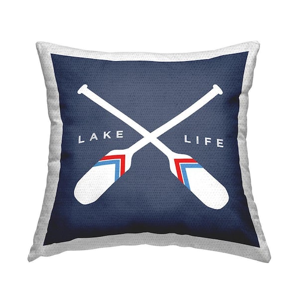 Lake Life Phrase Crossed Oars Nautical Blue Printed Pillow Blue Square Outdoor Throw Pillow