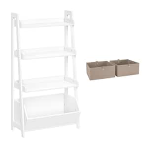 24 in. Wide Kids 4-Tier Ladder Shelf with Toy Organizer and 2 Taupe Bins