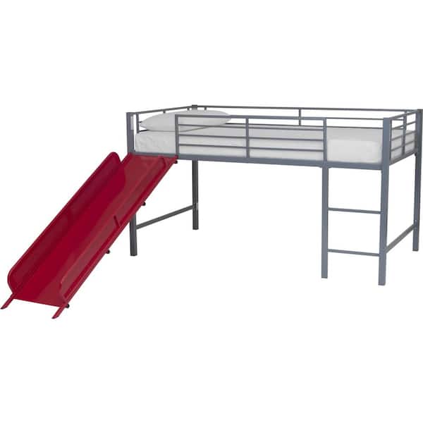 DHP Jade Silver Metal Junior Loft Bed With Red Slide