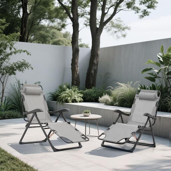 Set of 2 Patio Lounge Chair Adjustable Foldable Lawn Chair with Headrest Metal Outdoor Recliner with Gray Cushions