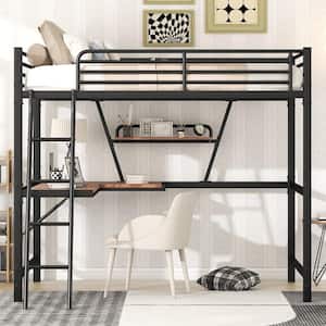 Full Size Loft Metal Loft Bed with Desk and Shelf, Black