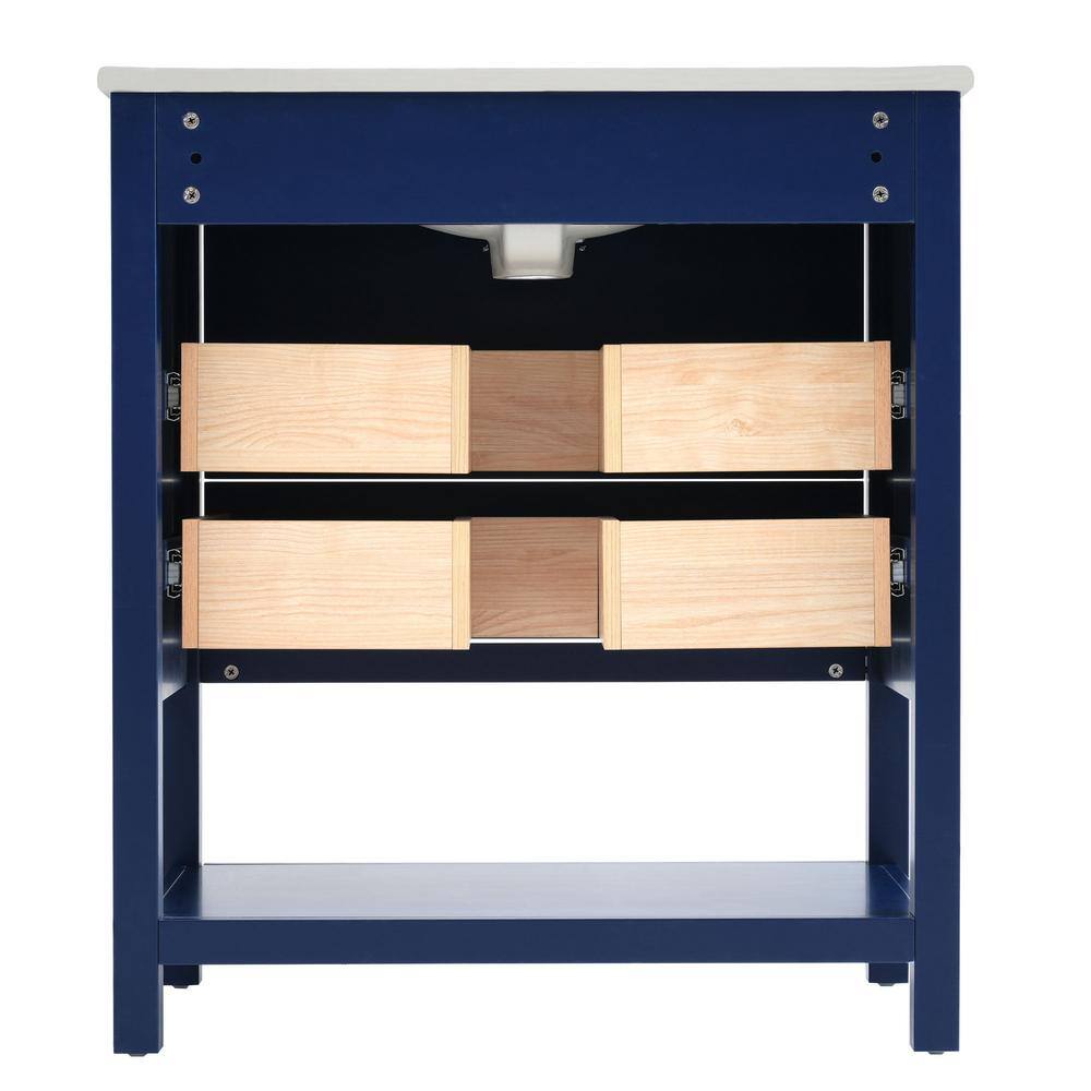 30" Blue Wood Freestanding Vanity with White Ceramic Top and Gold Accents