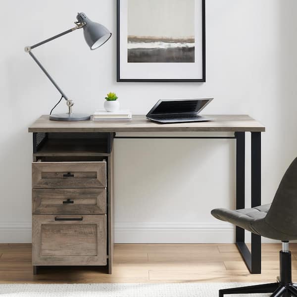 grey wood and metal desk