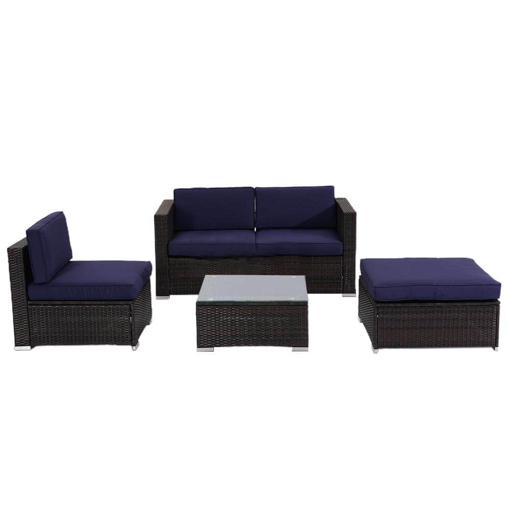 5-pieces Pe Wicker Outdoor Sectional With Navy Cushions Wybzjkf35 - The 