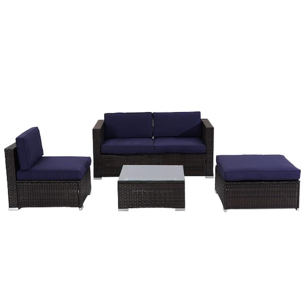 5-pieces PE Wicker Outdoor Sectional with Navy Cushions WYBZJKF35 - The ...