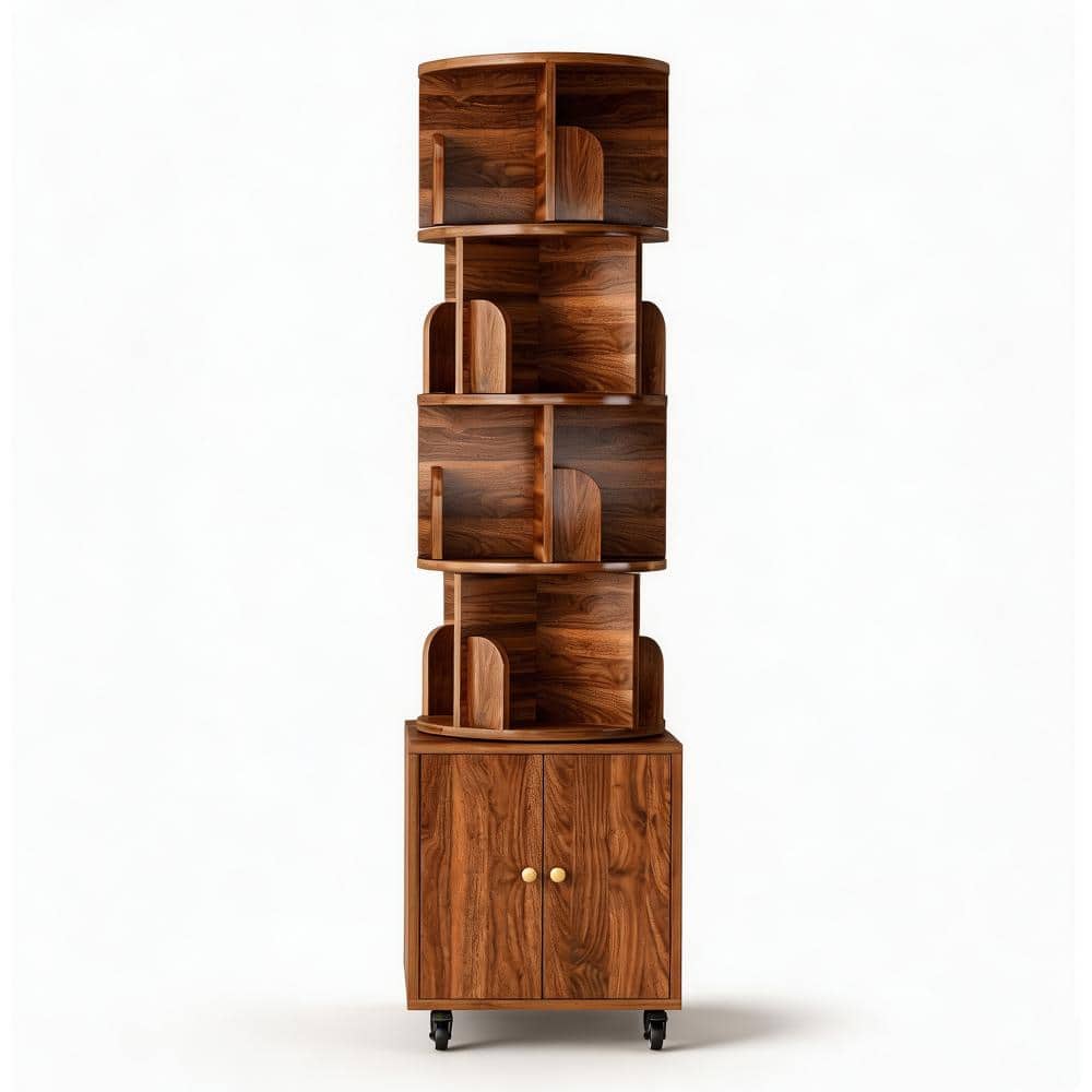 Avex Brown 70 in. Tall MDF 5-Shelf 360°Rotating Display Corner Bookcase with Wheels and Base Cabinet