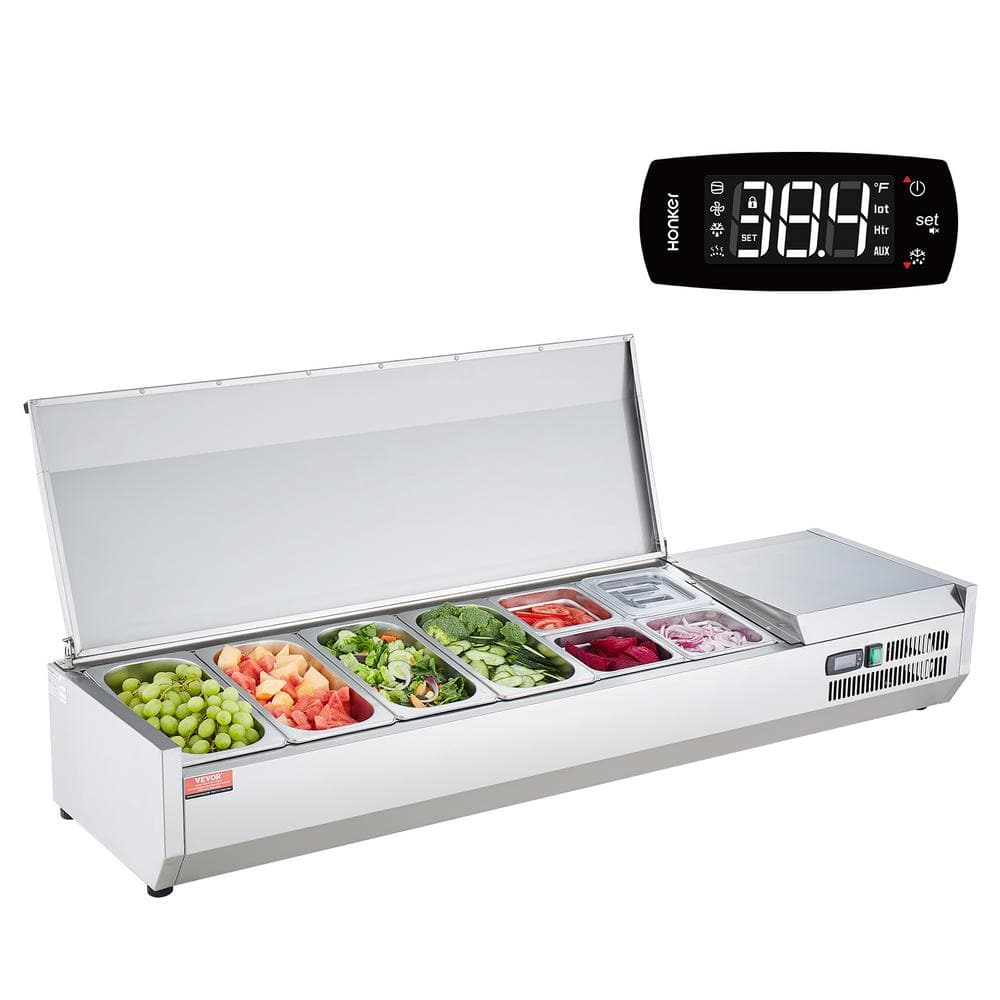 VEVOR Refrigerated Condiment Prep Station 150-Watt Countertop with 4 1/3 Pans and 4 1/6 Pans 304 Stainless Body and PC Lid